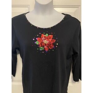 Quacker Factory Shirt Women's Sz  Large Black‎ 3/4 Sleeve Sequin Red Flower